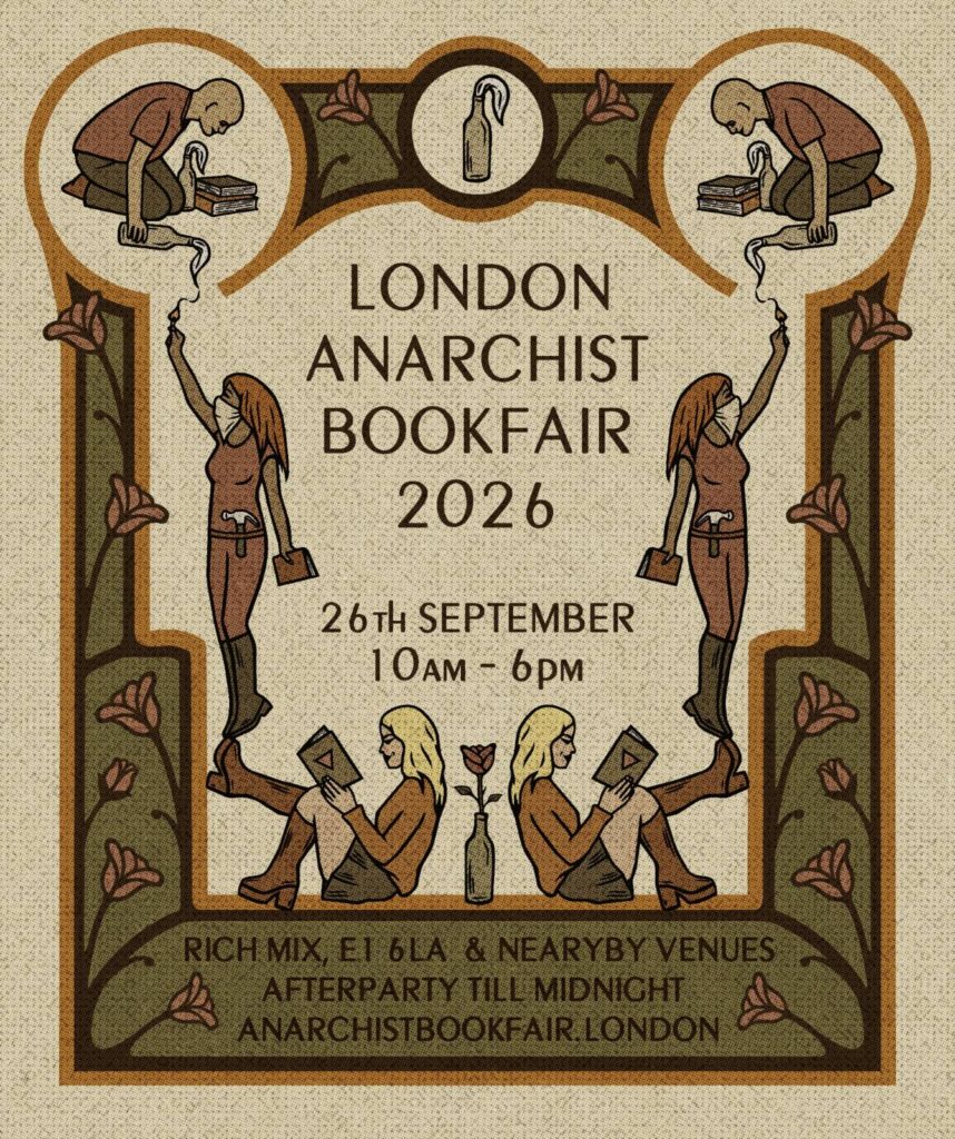 Poster for London Anarchist Bookfair showing people with books, roses and molotovs