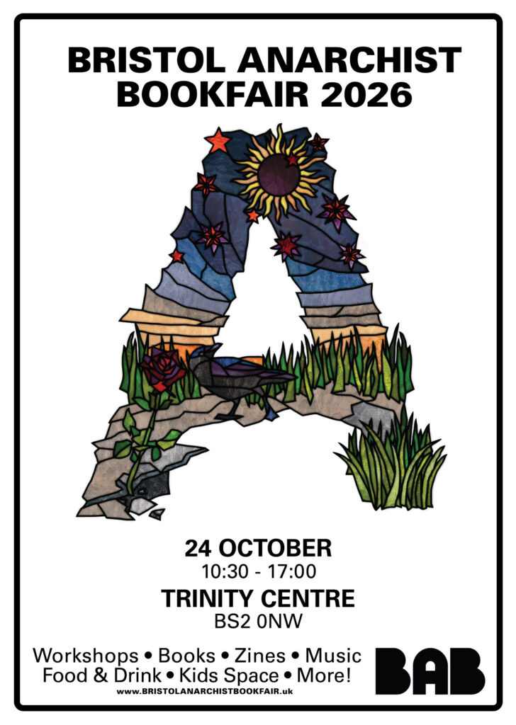 Poster for Bristol Anarchist Bookfair showing scenery within a capital-A